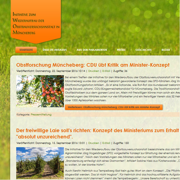 Screenshot des Internetauftritts von Wiederaufbau Obstbauversuchsanstalt Müncheberg
